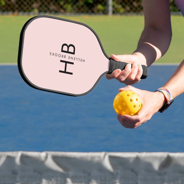 Modern Blush Pink & Black Initial Monogram Pickleball Paddle (Insitu)