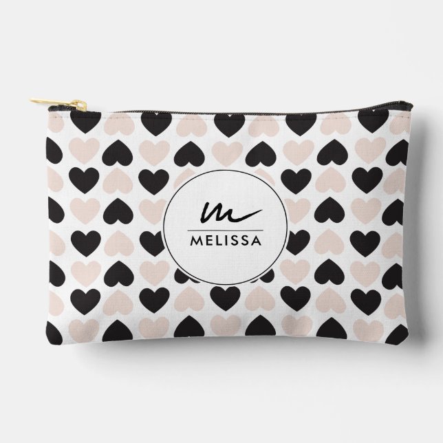 Modern Blush Pink Black Love Hearts Monogram Accessory Pouch (Front)