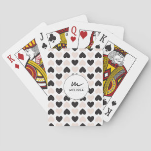 Modern Blush Pink Black Love Hearts Monogram Playing Cards
