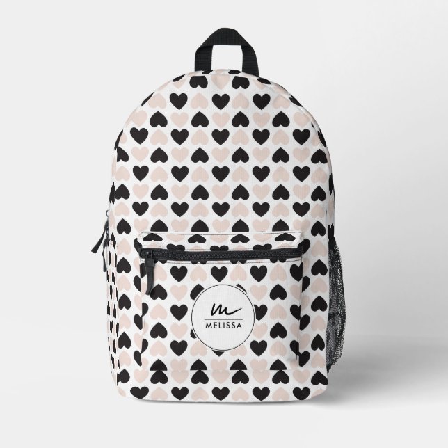 Modern Blush Pink Black Love Hearts Monogram Printed Backpack (Front)