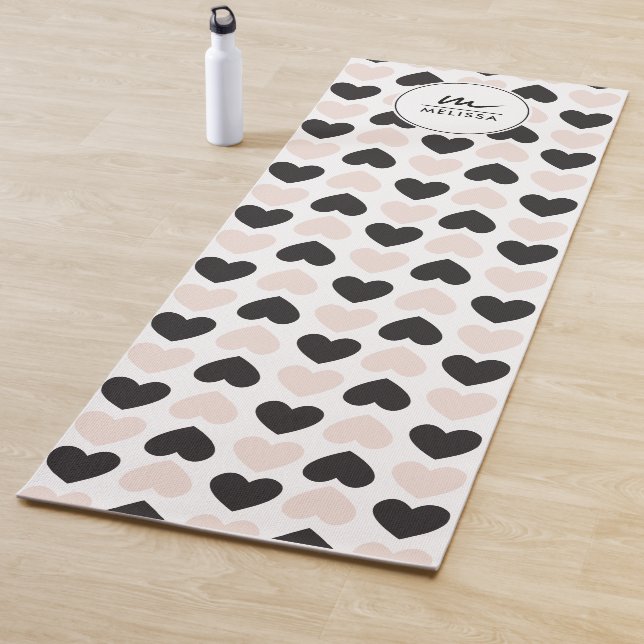 Modern Blush Pink Black Love Hearts Monogram Yoga Mat (In Situ)