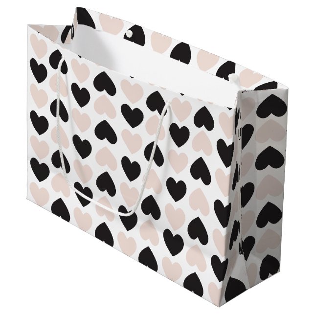 Modern Blush Pink Black Love Hearts Pattern Large Gift Bag (Front Angled)