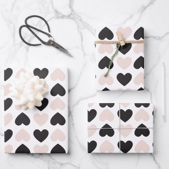 Modern Blush Pink Black Love Hearts Pattern Wrapping Paper Sheet (Front)