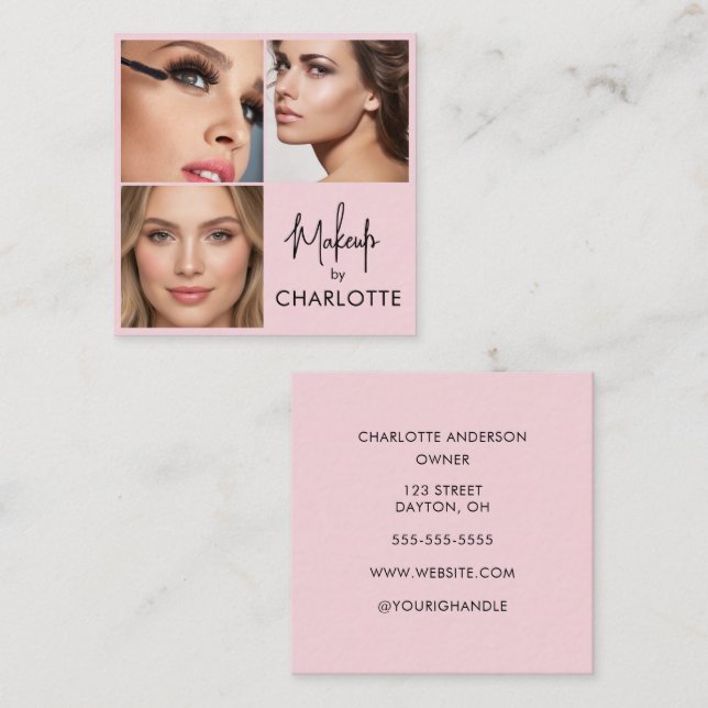 Modern Blush Pink Black Script 3 Photo  Square Business Card (Front/Back)