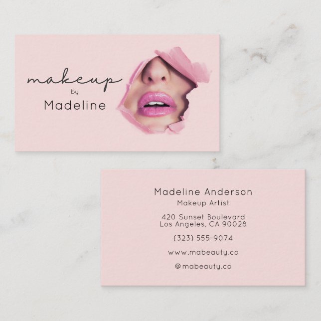 Modern Blush Pink Black Script Makeup Business Card (Front/Back)
