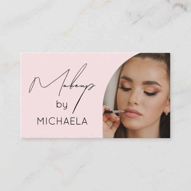 Modern Blush Pink Black Script Photo Makeup Business Card (Front)
