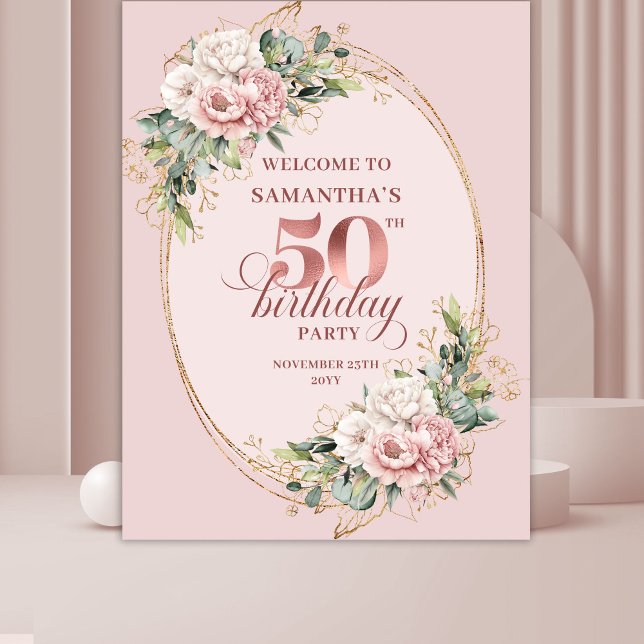 Modern Blush Pink Botanical 50th Birthday Backdrop Tapestry (Modern Blush Pink Botanical 50th Birthday Backdrop)