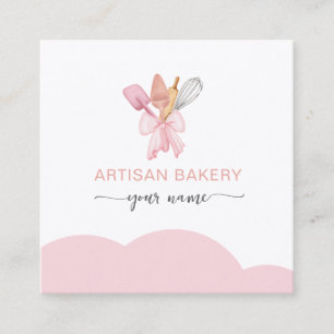 Modern Blush pink bow Bakery utensils Square Business Card