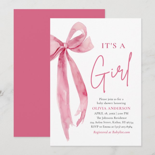 Modern Blush Pink Bow It's a Girl Baby Shower Invitation (Front/Back)