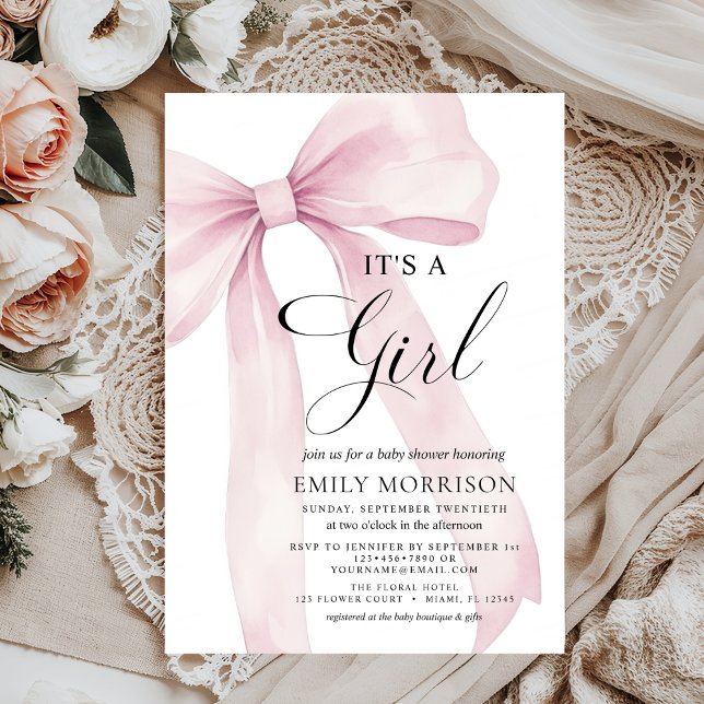 Modern Blush Pink Bow It's a Girl Baby Shower Invitation (Creator Uploaded)