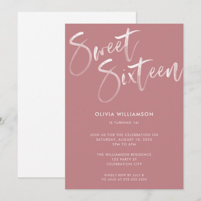 Modern Blush Pink Brush Script Sweet 16 Birthday Invitation (Front/Back)