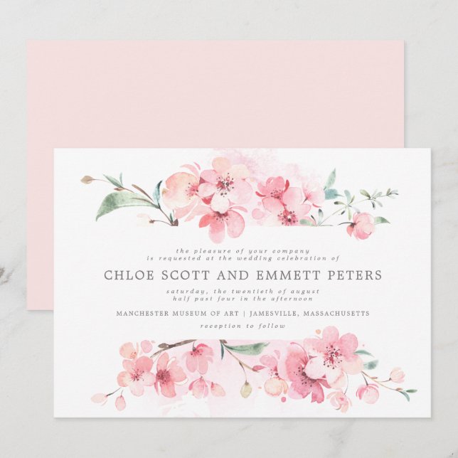 Modern Blush Pink Cherry Blossoms Floral Wedding Invitation (Front/Back)