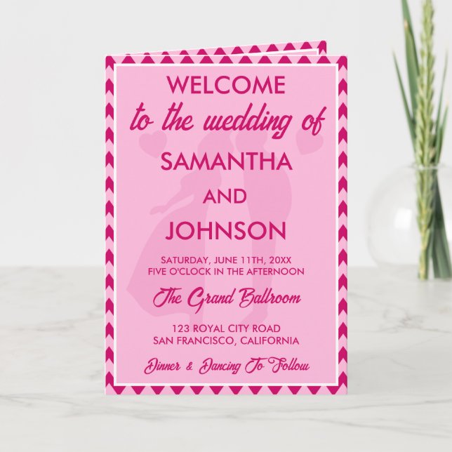 Modern Blush Pink Chevron Wedding Program Card (Front)
