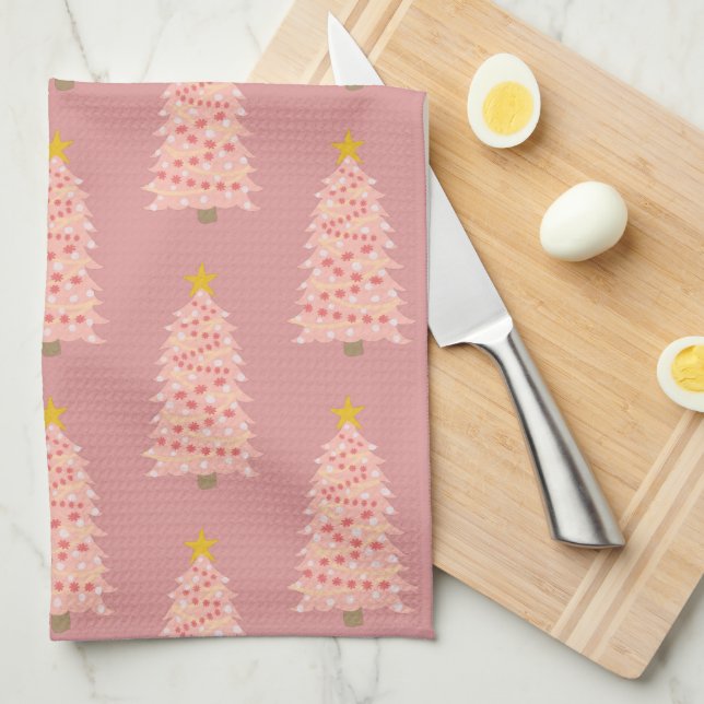 Modern Blush Pink Christmas Tree on Mauve Holiday Kitchen Towel (Quarter Fold)
