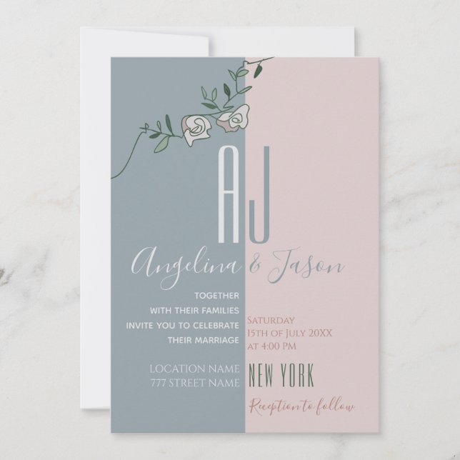 Modern Blush Pink Dusty Blue Monogram Wedding Invitation (Front)