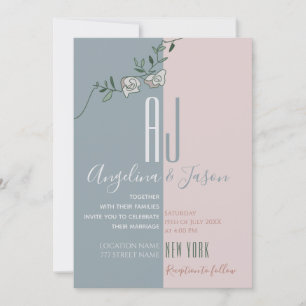 Modern Blush Pink Dusty Blue Monogram Wedding Invitation