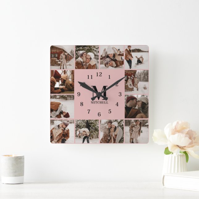 Modern Blush Pink Family 12 Photo Collage Monogram Square Wall Clock (Home)