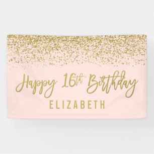 Modern Blush Pink Faux Gold Glitter 16th Birthday Banner