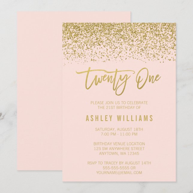 Modern Blush Pink Faux Gold Glitter 21st Birthday Invitation (Front/Back)