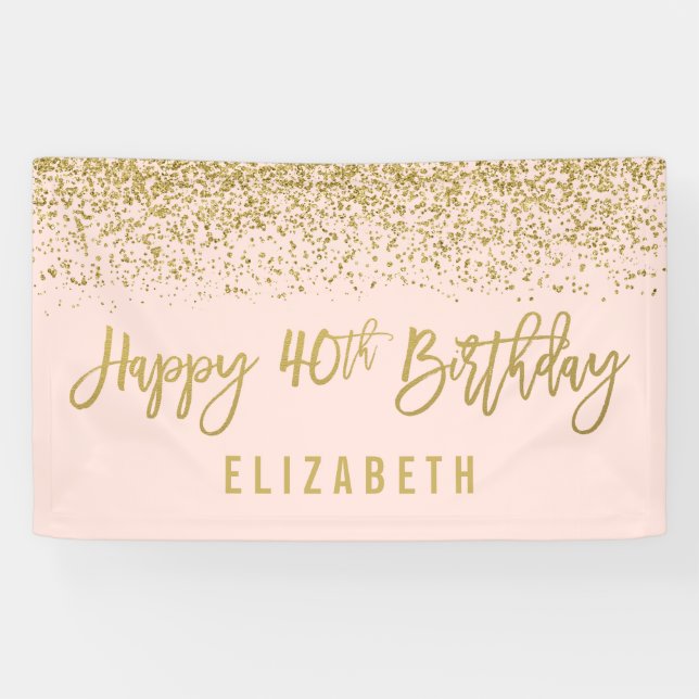 Modern Blush Pink Faux Gold Glitter 40th Birthday Banner (Horizontal)