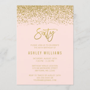Modern Blush Pink Faux Gold Glitter 60th Birthday Invitation