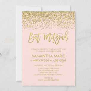Modern Blush Pink Faux Gold Glitter Bat Mitzvah Invitation