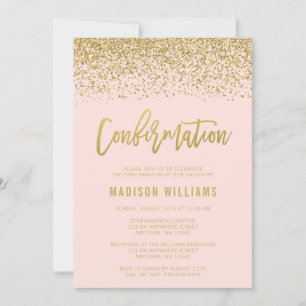 Modern Blush Pink Faux Gold Glitter Confirmation Invitation
