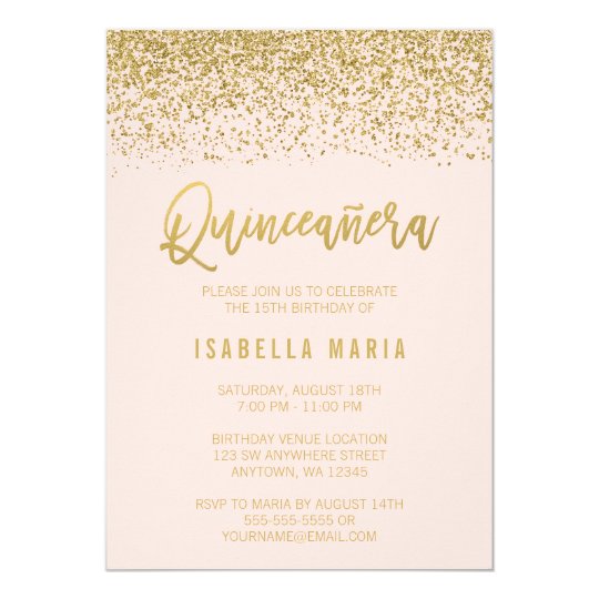 Modern Blush Pink Faux Gold Glitter Quinceanera Card