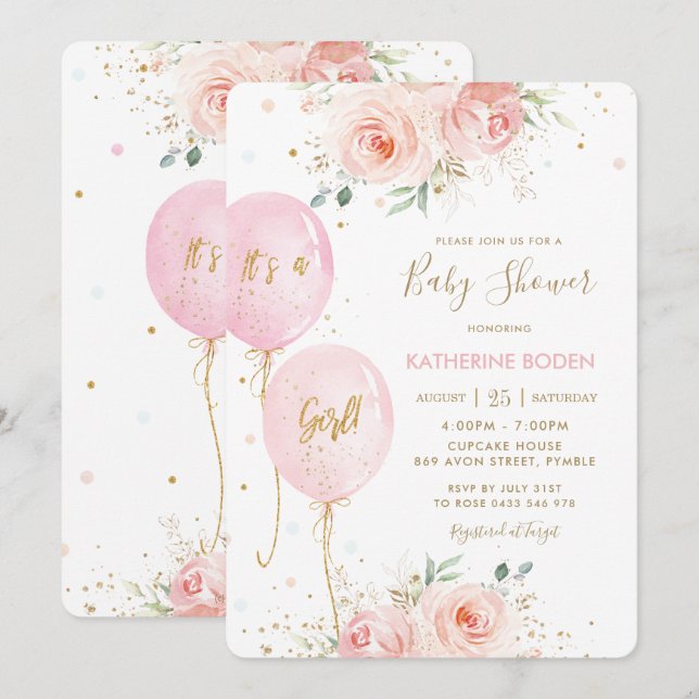 Modern Blush Pink Floral Balloons Gold Baby Shower Invitation (Front/Back)