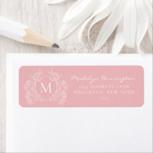 Modern Blush Pink Floral Crest Monogram Address