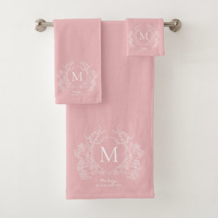 Modern Blush Pink Floral Crest Monogram Bath Towel Set