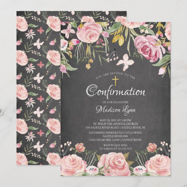 Modern Blush Pink Floral & Gold Cross Confirmation Invitation (Front/Back)