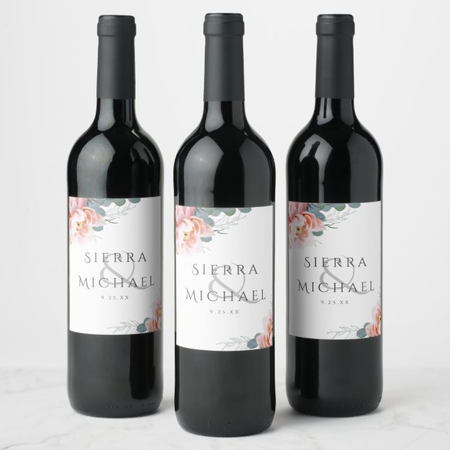 Modern Blush Pink Floral Peony Wedding Reception Wine Label (Bottles)