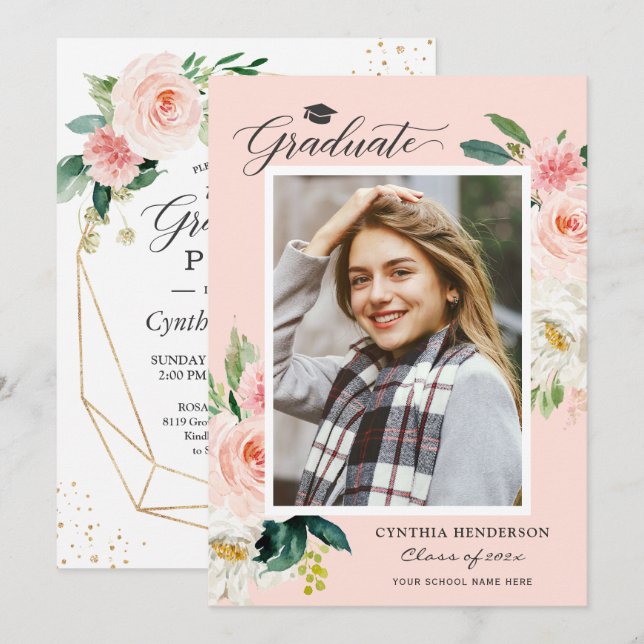 Modern Blush Pink Floral Photo Graduation Party Invitation (Front/Back)