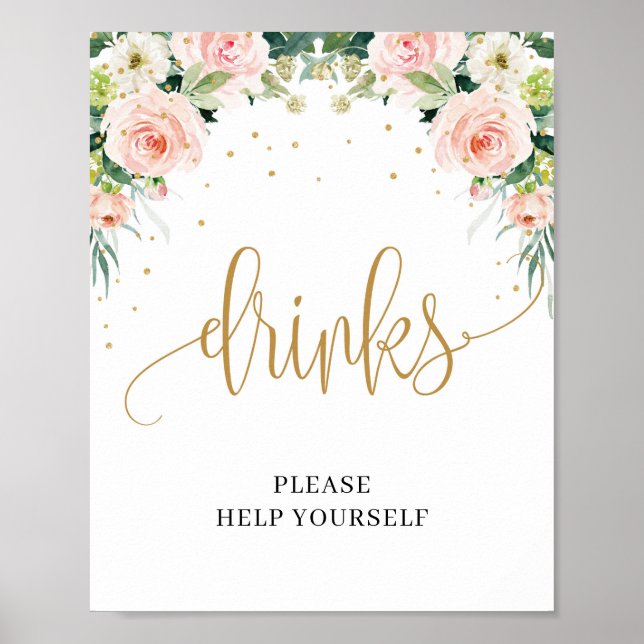 Modern Blush pink floral roses gold drinks sign (Front)