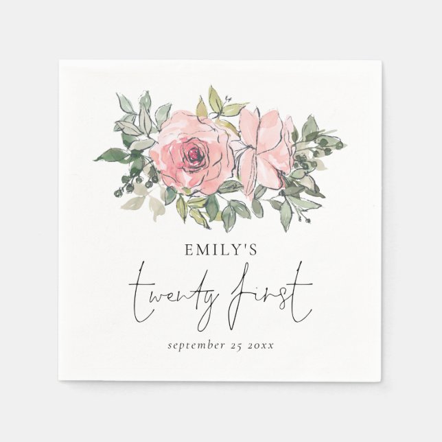 Modern Blush Pink Florals Twenty First Birthday Napkin (Front)