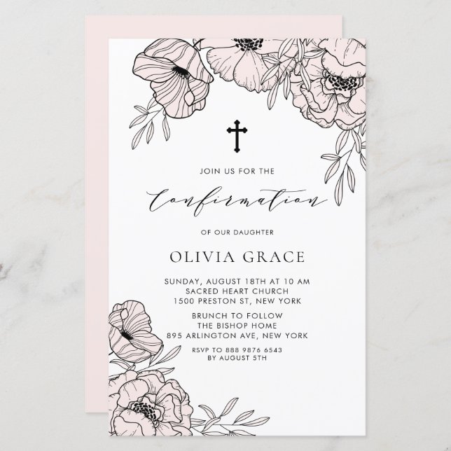Modern Blush Pink Flowers Confirmation Invitation (Front/Back)