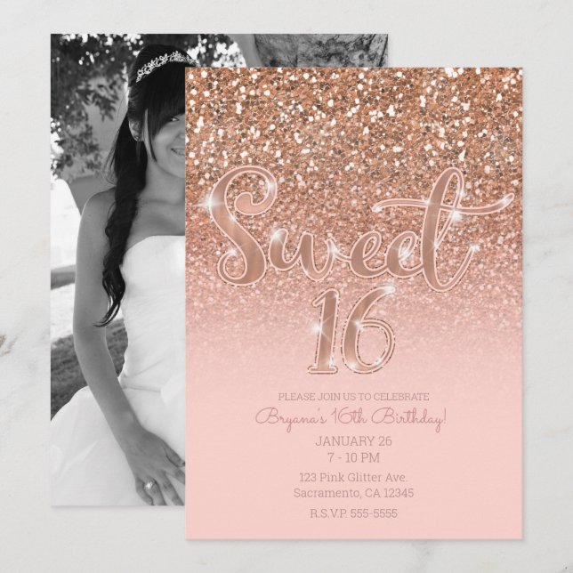 Modern Blush Pink Glam Glitter Sweet 16 Photo Invitation (Front/Back)