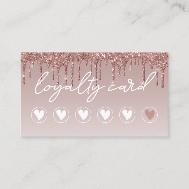 Modern Blush Pink Glitter Drips Salon 6 punch Loyalty Card (Front)