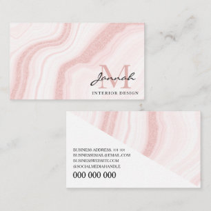 Modern Blush Pink Glitter Marble Agate Monogram Business Card