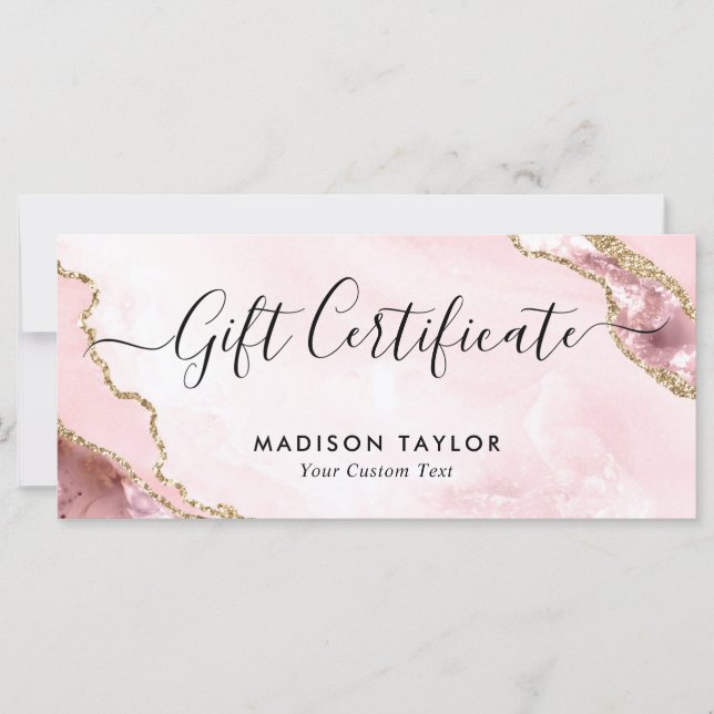 Modern Blush Pink Gold Agate Certificate Gift Card (Front)