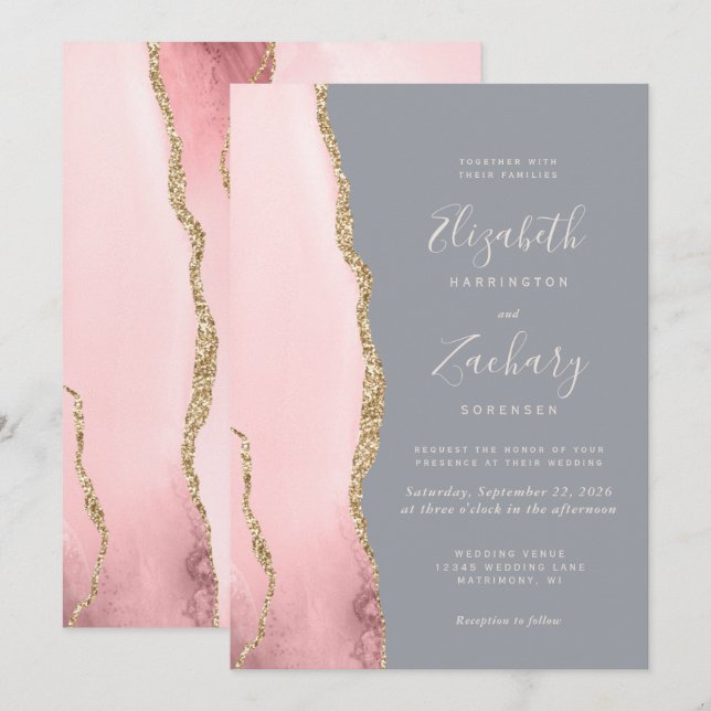 Modern Blush Pink Gold Agate Grey Wedding Invitation (Front/Back)