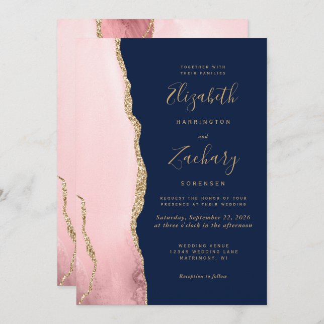 Modern Blush Pink Gold Agate Navy Blue Wedding Invitation (Front/Back)