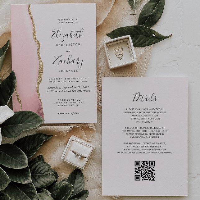 Modern Blush Pink Gold Agate QR Code Wedding Invitation (Creator Uploaded)