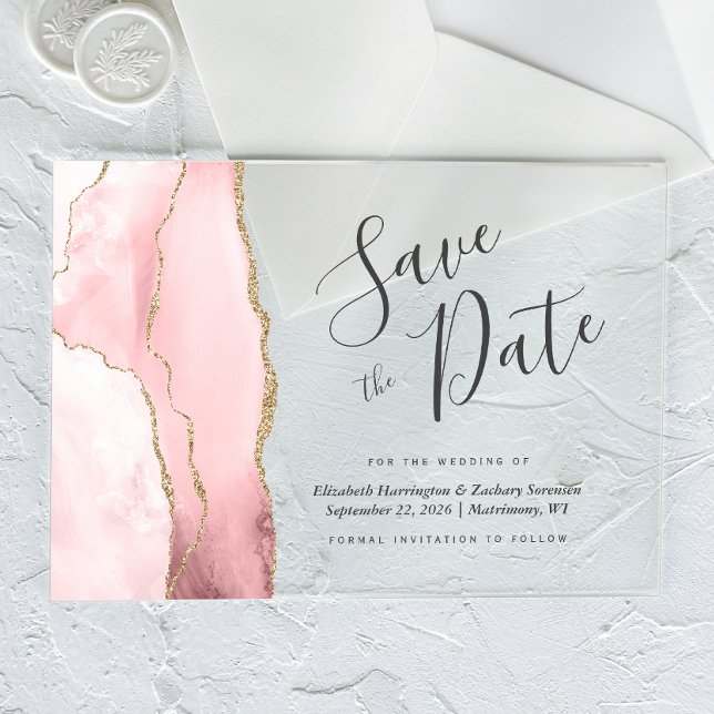 Modern Blush Pink Gold Agate Save the Date Card Acrylic Invitations (Creator Uploaded)