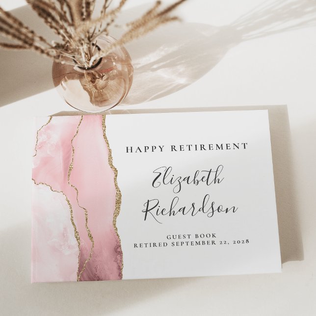 Modern Blush Pink Gold Agate Script Retirement Guest Book (Creator Uploaded)