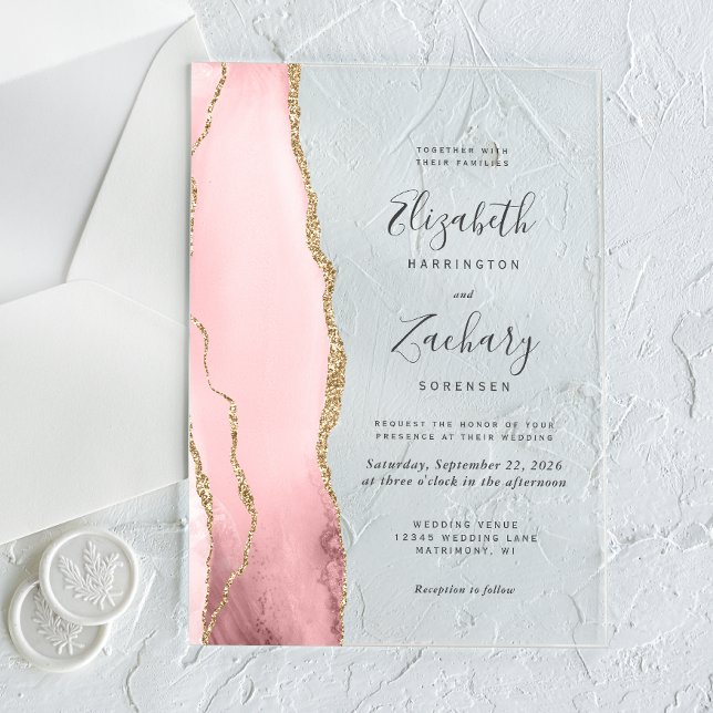 Modern Blush Pink Gold Agate Wedding Acrylic Invitations (Creator Uploaded)
