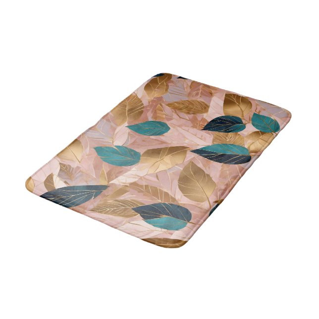 Modern Blush Pink Gold Boho Leaves Collection Bath Mat (Angled)