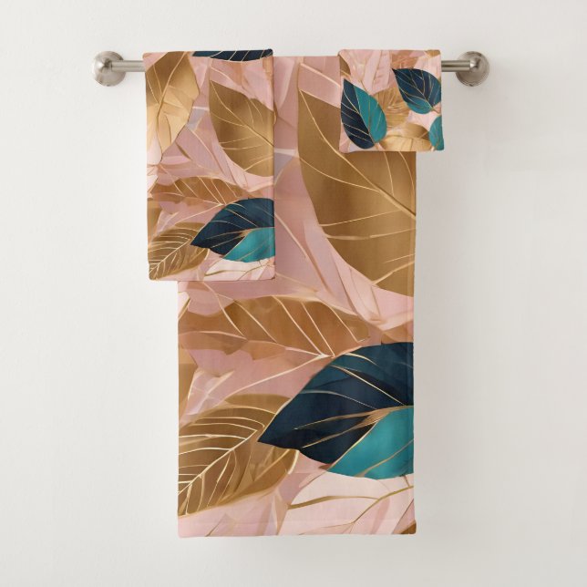 Modern Blush Pink Gold Boho Leaves Collection Bath Towel Set (Insitu)
