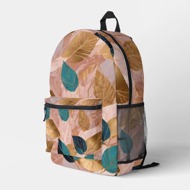Modern Blush Pink Gold Boho Leaves Collection Printed Backpack (Back Corner Right)